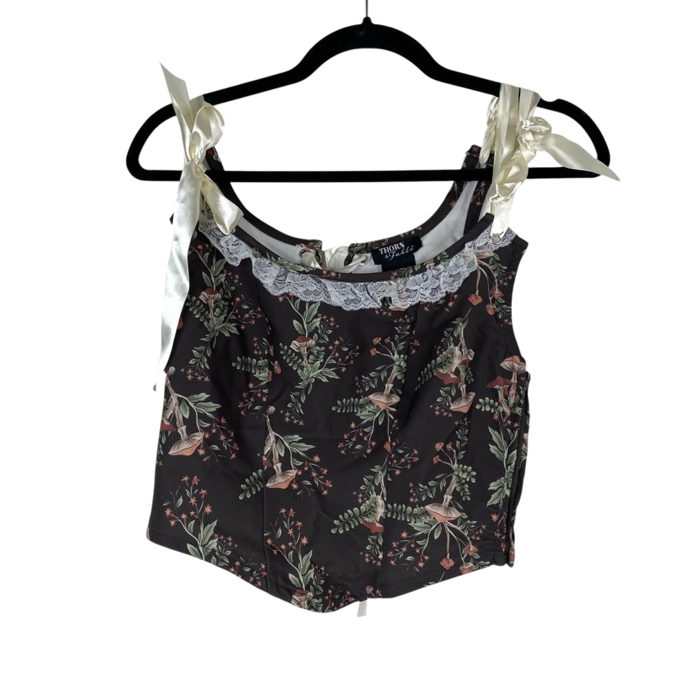Thorn & Fable Forest Fairy Whimisgoth Coquette Bows Mushrooms Corset Top Brown S